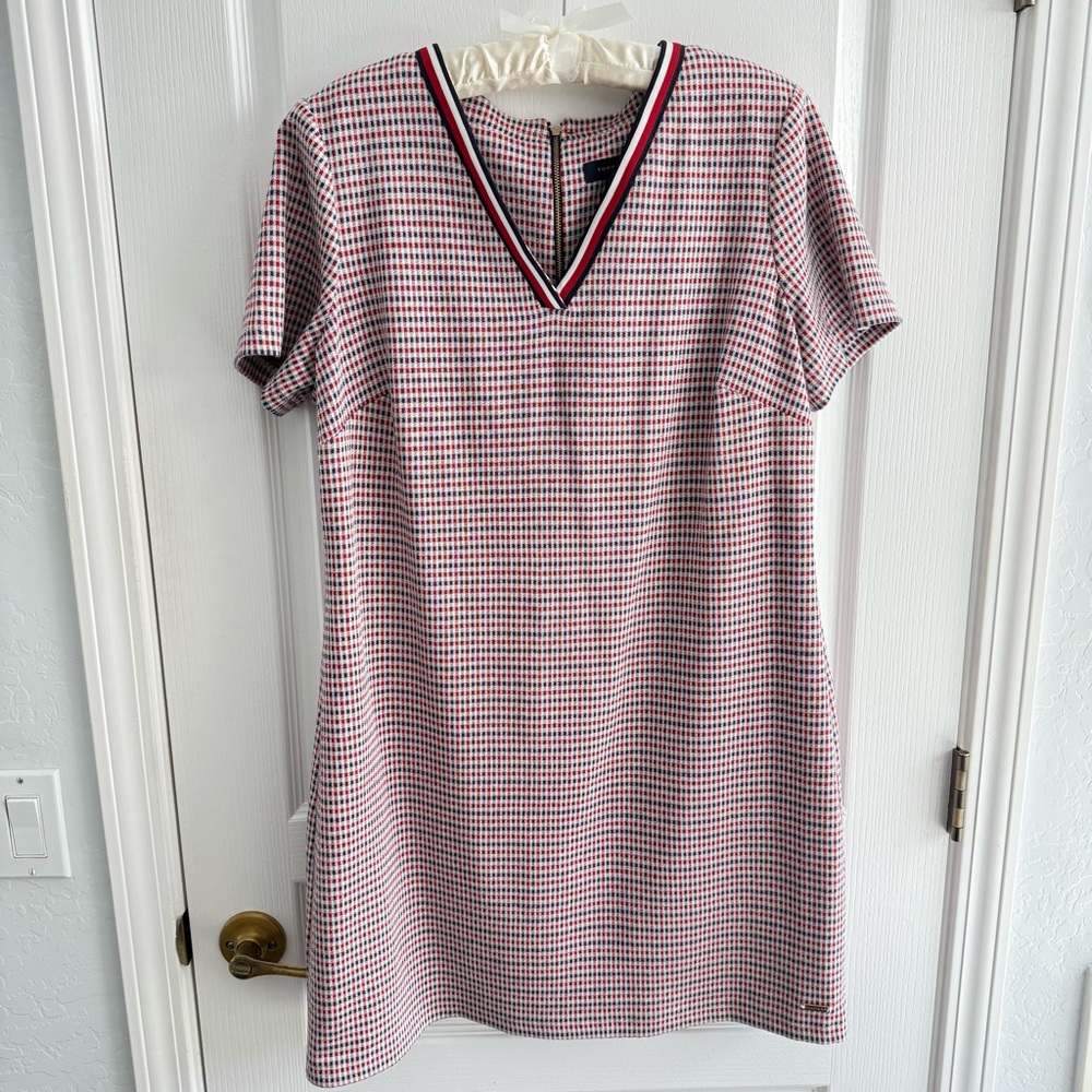 Tommy Hilfiger Shift Dress Short Sleeved Red White Blue Houndstooth Pattern 14